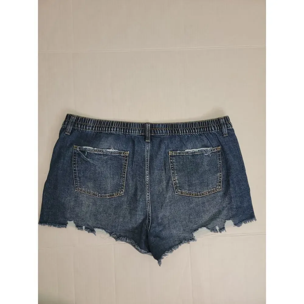 Aerie Jean Shorts Womens Sz 2XL Cutoff Distressed Elastic Waist Festival Boho